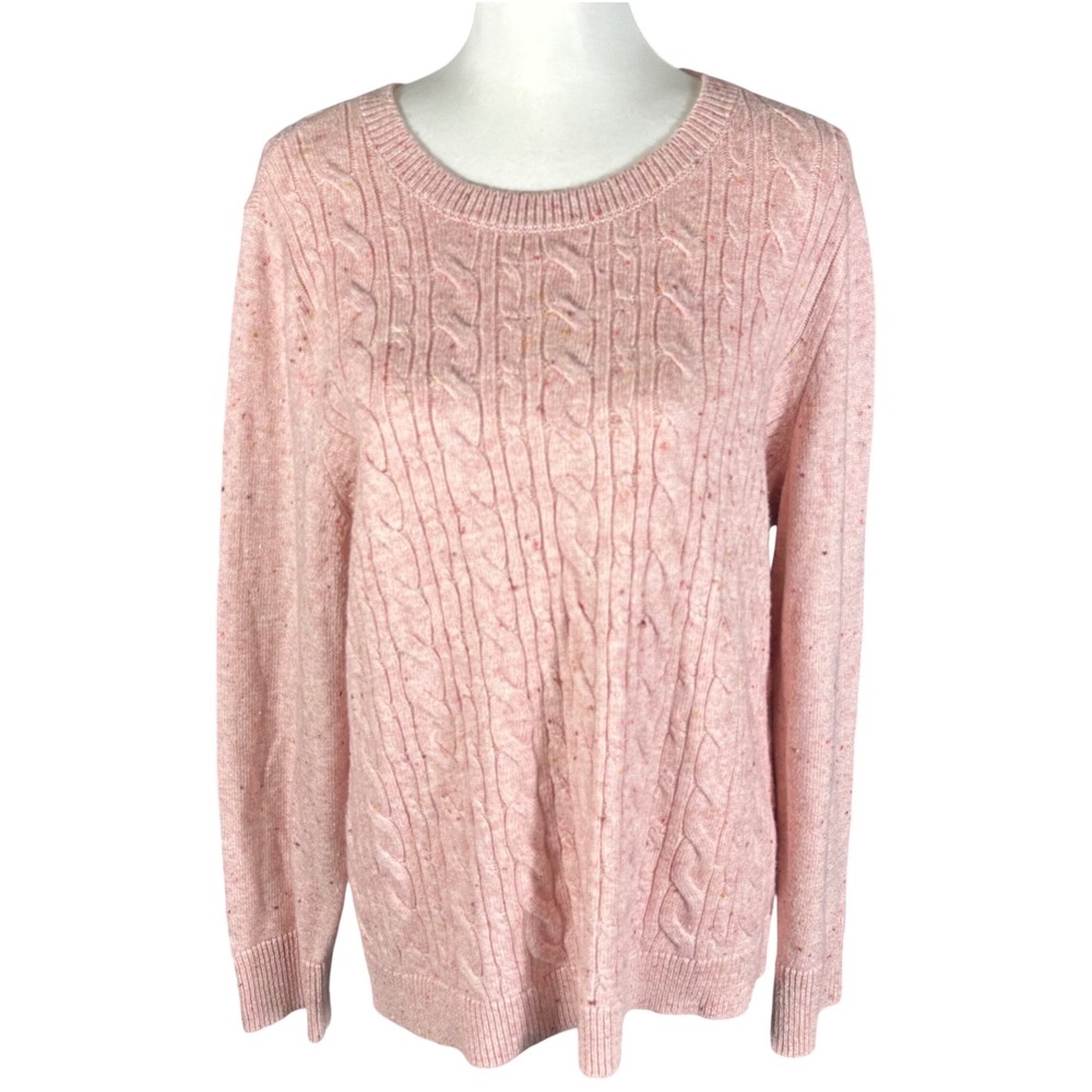 Talbots Cable Knit Sweater Women XL Pink Confetti Speckled Button Cuff Pullover